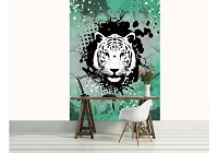 Флизелиновые фотообои в зал 184x254 см Черно-белая голова тигра на зеленом фоне (2188V4A)+клей