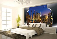 Флизелиновые 3д фото обои с городом 312x219 см Ночная панорама на Дубаи (2202VEXXL)+клей