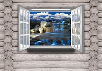 Готовые флизелиновые фотообои 368x254 см 3Д Синий водопад за окном (2219V8)+клей