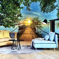 Флизелиновые фотообои мосты в интерьере 312x219 см 3д Восход солнца над деревянным пирсом (2223VEXXL)+клей