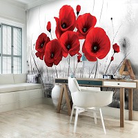Флизелиновые фотообои цветы 254x184 см Красные маки на черно-белом фоне (2254V4)+клей