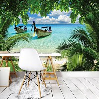 Флизелиновые фото обои море 416x254 см 3Д Лодки в тропических джунглях (225VEXXXL)+клей