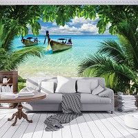 Флизелиновые обои море пляж фото 368x254 см 3Д Лодки в тропических джунглях (225V8)+клей - вид 7 миниатюра