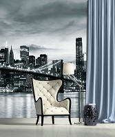 Флізелінові фотошпалери місто в коридор 184x254 см Чорно-білий Нью-Йорк та Бруклінський міст (226V4A)+клей