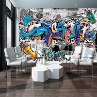 Флизелиновые фотообои в коридор детские для мальчиков 368x254 см Красочные граффити на сером (2294V8)+клей