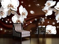 Красивые флизелиновые фотообои на кухню цветы 368x254 см 3Д Орхидеи и диаманты на темно-коричневом фоне 2309V8+клей