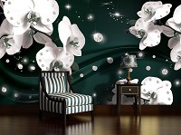 Фотообои флизелиновые 3D цветы 416x254 см Белые орхидеи и диаманты на темно-зеленом фоне (2310VEXXXL)+клей