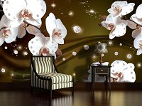 Готовые флизелиновые фотообои цветы 312x219 см 3Д Белые орхидеи и диаманты на темном фоне (2312VEXXL)+клей