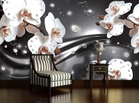 Флизелиновые фотообои на кухню цветы 254х184 см 3Д Белые орхидеи и диаманты на темно-сером фоне (2313V4)+клей