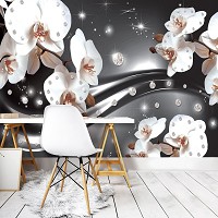 Абстрактные флизелиновые фотообои на стену цветы 368x254 см 3Д Орхидеи и диаманты на темно-сером фоне (2313V8)+клей