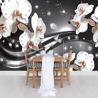 Цветы флизелиновые фотообои 312x219 см 3Д Белые орхидеи и диаманты на темно-сером фоне (2313VEXXL)+клей