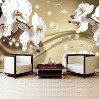 Флизелиновые фото обои с цветами в интерьере 368х254см 3Д Белые орхидеи и диаманты на светло-коричневом фоне 2314V8+клей
