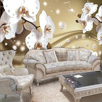 Флизелиновые настенные фото обои с цветами 312x219 см 3Д Белые орхидеи и диаманты на светло-коричневом (2314VEXXL)+клей
