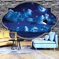 Флизелиновые фотообои в интерьере 254x184 см Ночное небо за каменной стеной (2338V4)+клей