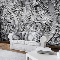 Флизелиновые фотообои абстракция в интерьере 416x254 см Цветы на черно-белой стене (2341VEXXXL)+клей