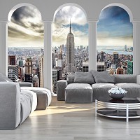 Флизелиновые фотообои город 254x184 см 3Д Небоскребы Нью-Йорка за тремя арками (2345V4)+клей