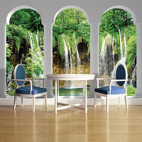 Природа флизелиновые фотообои 312x219 см 3Д Лесной водопад за тремя арками (2347VEXXL)+клей - вид 6 миниатюра