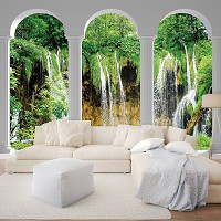 Природа флизелиновые фотообои 312x219 см 3Д Лесной водопад за тремя арками (2347VEXXL)+клей