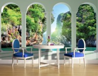 Флизелиновые фотообои в интерьере 368x254 см 3Д Морские скалы за четырьмя арками (2352V8)+клей