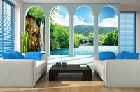 Флизелиновые фотообои в интерьере спальни 312x219 см 3Д Водопад за четырьмя арками (2353VEXXL)+клей