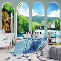 Флизелиновые фотообои красивые 416x254 см 3Д Водопад за четырьмя арками (2353VEXXXL)+клей