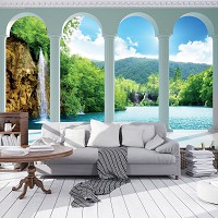 Флизелиновые фото обои природа 254х184см лес 3Д Водопад за четырьмя арками (2353V4)+клей