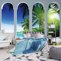 Флизелиновые фотообои пальмы 312x219 см 3Д Солнечный пляж за четырьмя арками (2356VEXXL)+клей