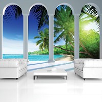 Флизелиновые фотообои пальмы 416x254 см 3Д Солнечный пляж за четырьмя арками (2356VEXXXL)+клей