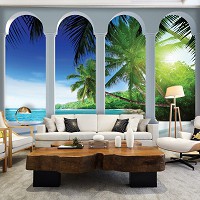 Флизелиновые фотообои пальмы 312x219 см 3Д Солнечный пляж за четырьмя арками (2356VEXXL)+клей - вид 7 миниатюра