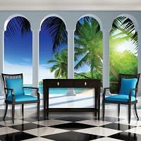Флизелиновые фотообои в коридор 254x184 см 3Д Солнечный пляж за четырьмя арками (2356V4)+клей