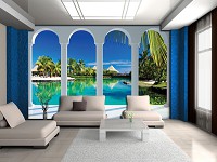 Флизелиновые фотообои в коридор 254x184 см 3Д Вид на Мальдивы за четырьмя арками (2357V4)+клей