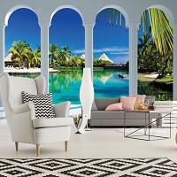 Флизелиновые фотообои в спальню природа 368x254 см 3Д Вид на Мальдивы за четырьмя арками (2357V8)+клей