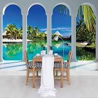 Красивые флизелиновые фотообои с природой 312x219 см 3Д Вид на Мальдивы за четырьмя арками (2357VEXXL)+клей