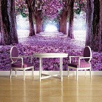Флизелиновые фотообои дерево 254x184 см Ковер из фиолетовых лепестков в лесу (2379V4)+клей