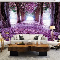 Флизелиновые фотообои в гостиную природа 368x254 см Ковер из фиолетовых лепестков в лесу (2379V8)+клей
