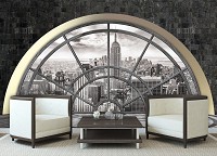 Флизелиновые фотообои вид из окна в интерьере 312x219 см Черно-белый Нью-Йорк за полукруглым окном (2396VEXXL)+клей