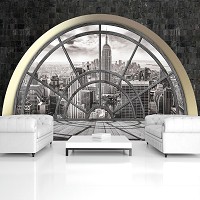 Флизелиновые фотообои для стен 416x254см Черно-белый Нью-Йорк за полукруглым окном и каменной стеной 2396VEXXX+клей