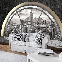 Флизелиновые фотообои вид из окна в интерьере 312x219 см Черно-белый Нью-Йорк за полукруглым окном (2396VEXXL)+клей - вид 6 миниатюра