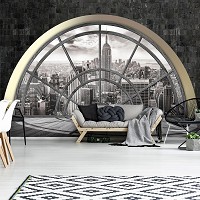 Флизелиновые фотообои пейзаж 254x184 см Черно-белый Нью-Йорк за полукруглым окном и каменной стеной (2396V4)+клей