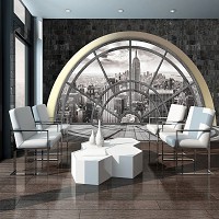 Флизелиновые фотообои 368x254 см Черно-белый Нью-Йорк за полукруглым окном и каменной стеной (2396V8)+клей