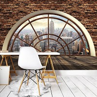 Флизелиновые фотообои город в интерьере кухни 312x219 см Нью-Йорк за полукруглым окном и каменной стеной+клей