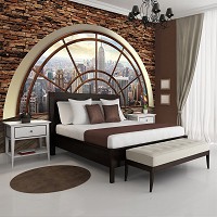 Флизелиновые фотообои город 416x254 см Нью-Йорк за полукруглым окном и каменной стеной (2397VEXXXL)+клей