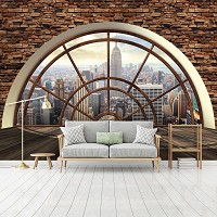 Флизелиновые фотообои город в интерьере кухни 312x219 см Нью-Йорк за полукруглым окном и каменной стеной+клей - вид 7 миниатюра