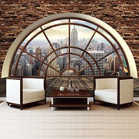 Флизелиновые фотообои город 254x184 см Нью-Йорк за полукруглым окном и каменной стеной (2397V4)+клей