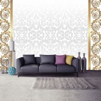 Красивые флизелиновые фотообои на кухню 368x254 см Золотой и белый орнамент (2290V8)+клей