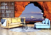 3д флизелиновые фотообои в интерьере гостиной Пейзаж Ландшафт 368x254 см Заснеженные горы за аркой (8-002V8)+клей