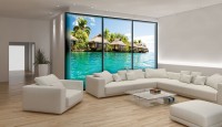 Флізелінові 3д фотошпалери на кухні вітальні Море Бунгало 312x219 см Гаваї за великим вікном (497VEXXL)+клей - вид 1 мініатюра