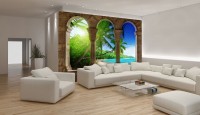 Флизелиновые фотообои 3д для зала Природа Море Пейзаж 368x254 см Тропический пляж за тремя арками (772V8)+клей - вид 1 миниатюра