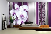 Ремонт зала с флизелиновыми фотообоями 254x184 см Бело-фиолетовые орхидеи на полосатом узоре (1282V4)+клей