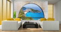 Флізелінові фотошпалери для кухні 3д блакитне море 416x254 см Пляж на острові за цегляною аркою (3482VEXXXL)+клей